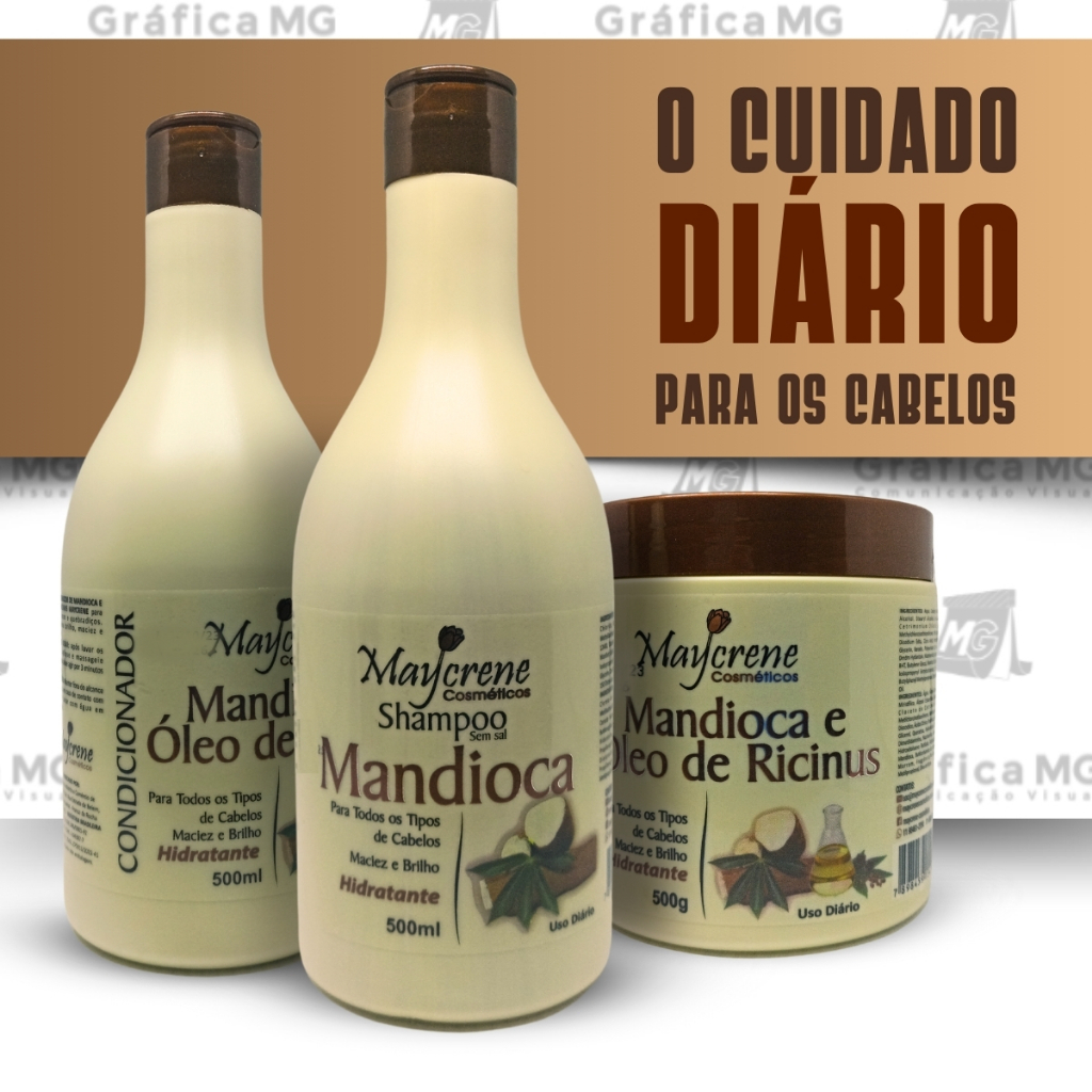 Kit Mandioca Maycrene 3X500ML  Shampoo, Condicionador e Máscara - Nutrição e Fortalecimento