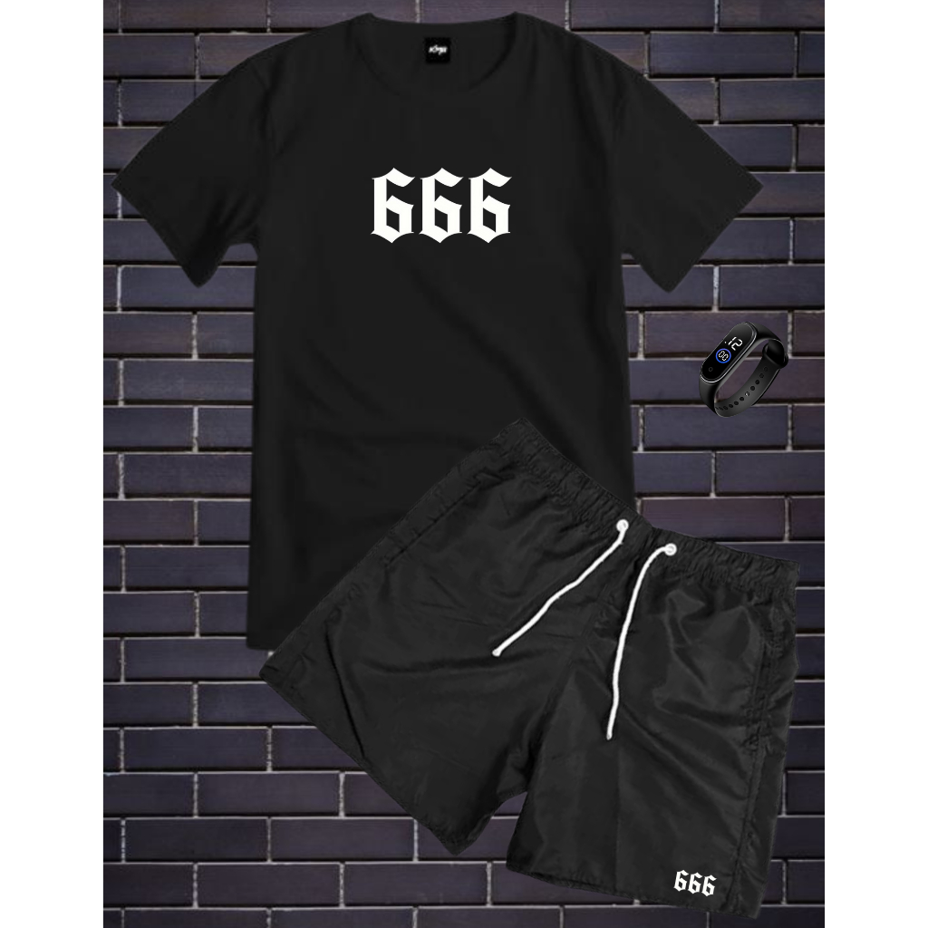 Conjunto Kit Camiseta 100% algodão + bermuda tactel estampada + RELOGIO DIGITAL A PROVA D'AGUA