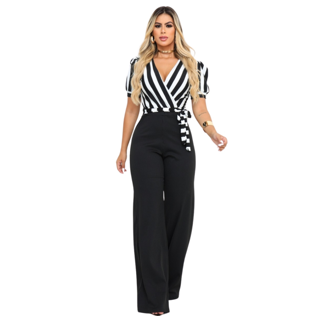 Macacão Feminino Listrado Manga Curta Pantalona Social Elegante chique com malha canelada decote em  V moda feminina em Oferta na Shopee