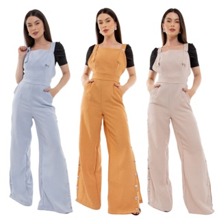 Macacão Longo Pantalona Com Botões Em Linho Poliéster HZ-Mac-012 em Oferta na Shopee