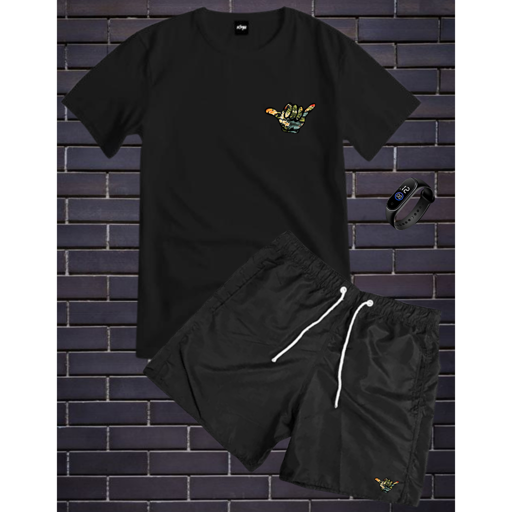Conjunto Kit Masculino HL Camisa 100% Algodão Estampada + Bermuda Tactel Estampada +RELOGIO