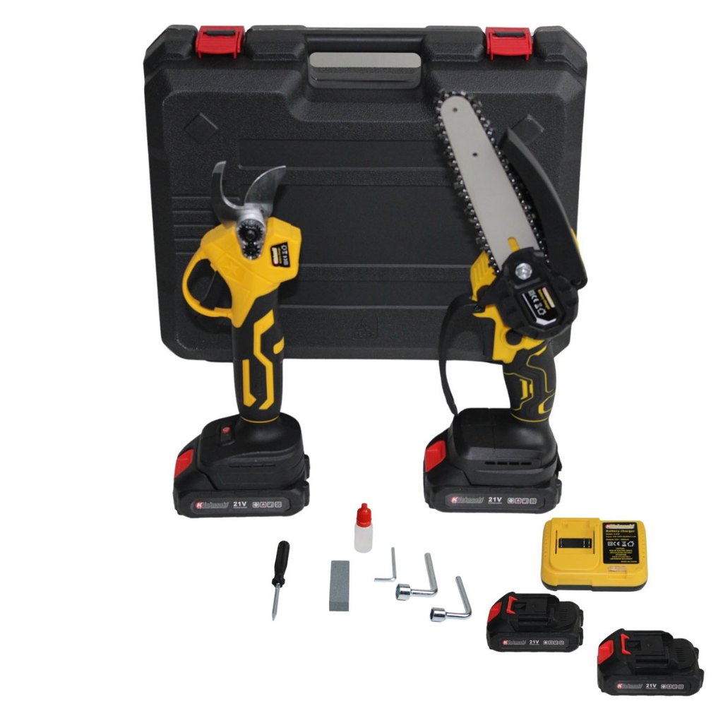 Kit Jardinagem Mini Motoserra + Tesoura Alicate Poda Galhos A Bateria 21v Profissional Maleta + Acessórios ENVIO IMEDIATO