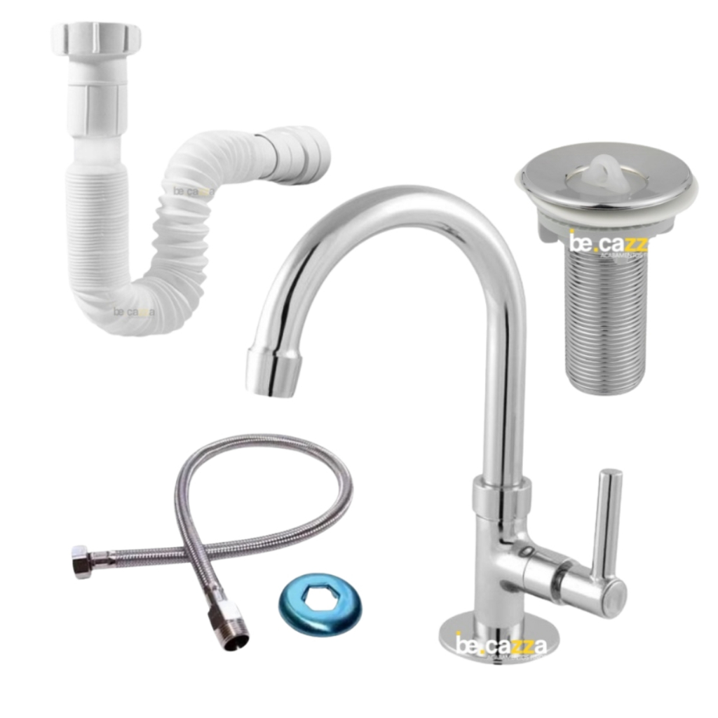 KIT Torneira Pia de Banheiro Cromada ABS + Valvula 7/8 + Engate + Sifão Branco