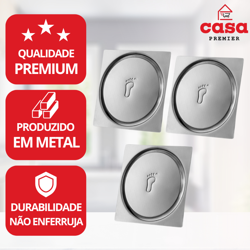 Kit Com 03 Ralos Click Inteligente Banheiro Lavabo Lavanderia Quadrado 10x10cm C