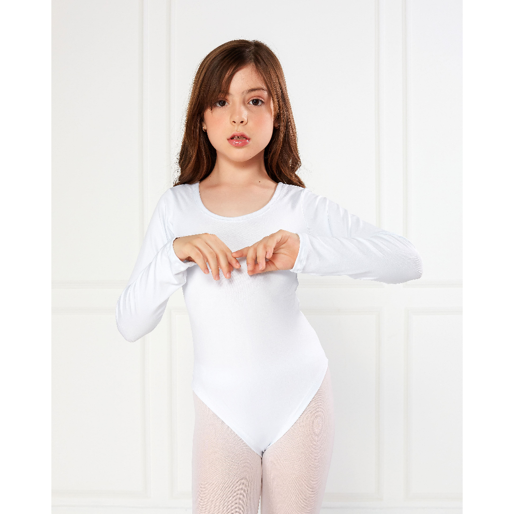 Collant Body Infantil Branco Ballet Dança Manga Longa