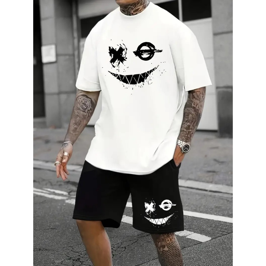 Conjunto Camiseta Básica Smile Manchado Masculina Algodão Camisa StreetWear + Bermuda Moletom Smile Manchado Short