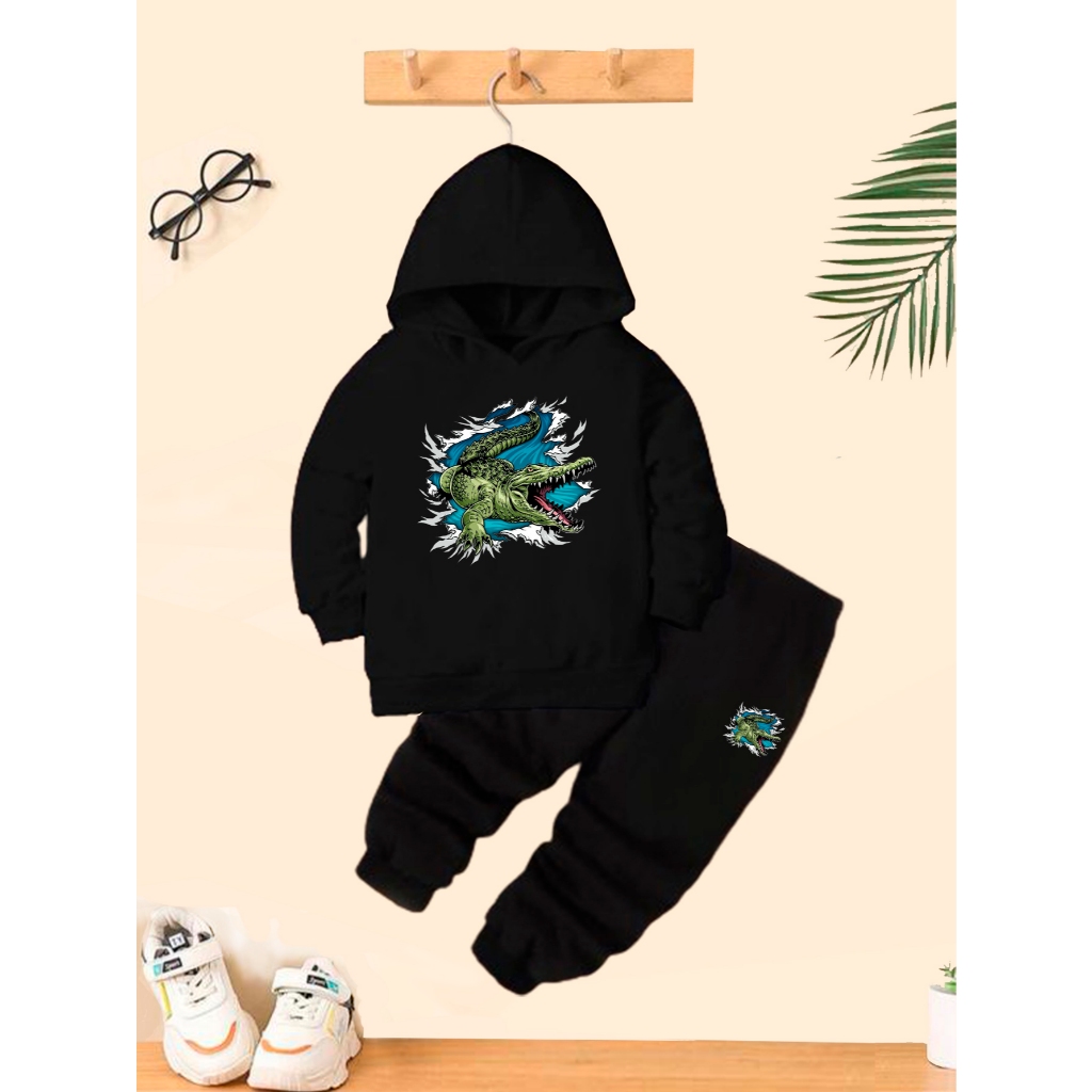 Conjunto Moletom Menino Jacare 3D Infantil Blusa e Calça Kids Flanelado Inverno