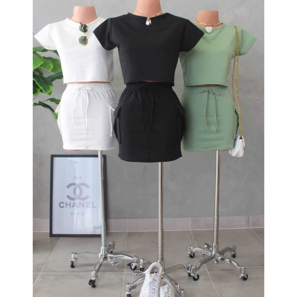 Conjunto Pity: Saia Cargo + Cropped Camiseta Curta em Oferta na Shopee
