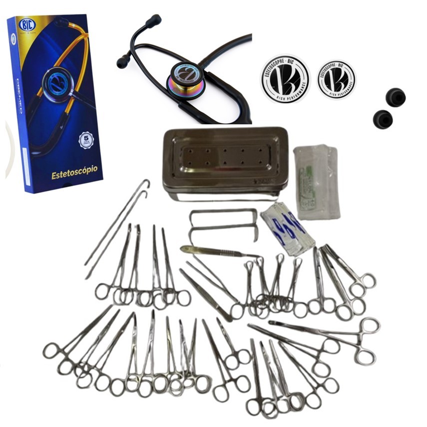 kit de Cirurgia e Castração 33 Pç Veterinário PEQUENOS ANIMAIS com Estetoscópio Bic Eternity