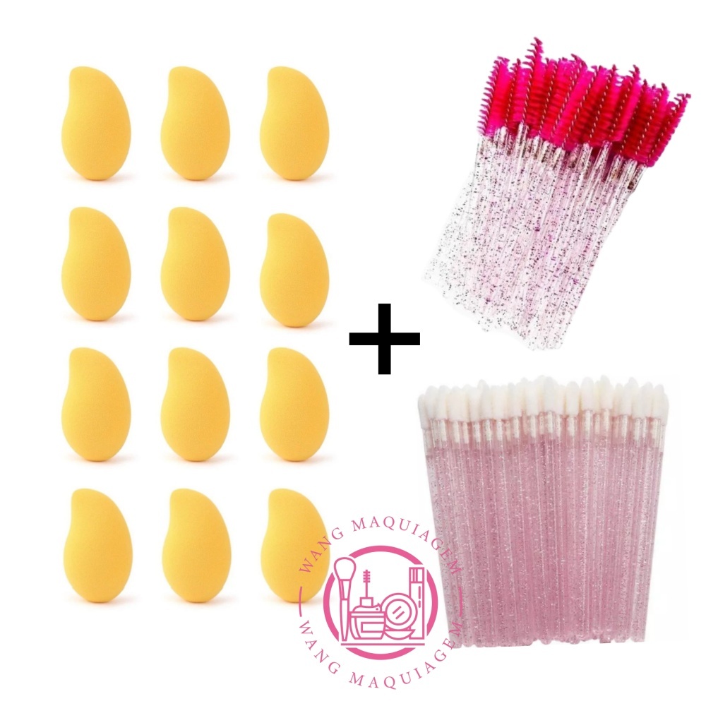 Kit Com 12 peças Esponja Manga + Kit 50 Escovinhas + Kit 50 Aplicador de Batom