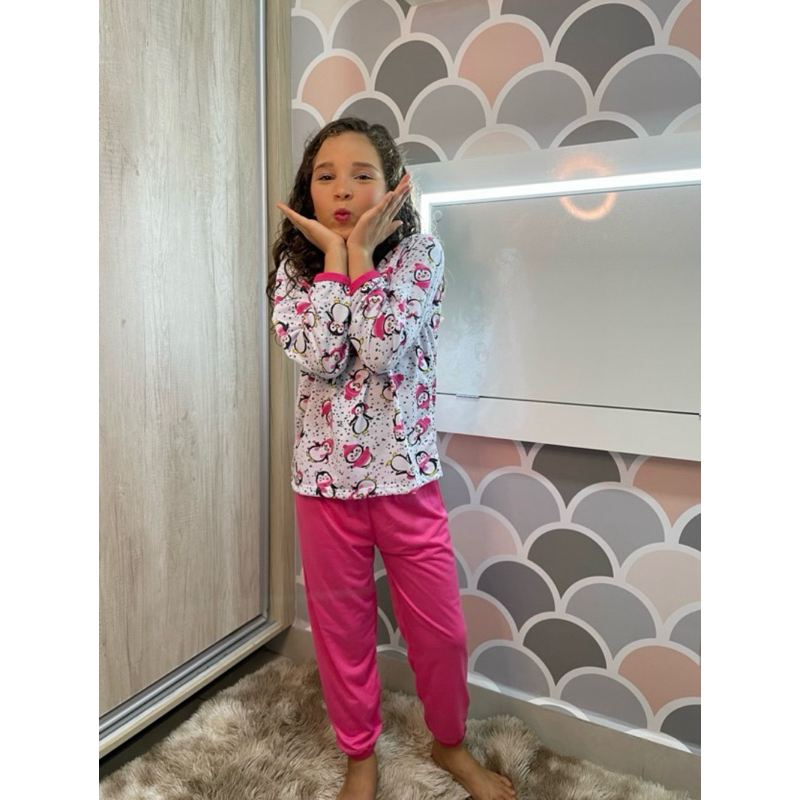 Pijama Feminino Estampado Juvenil Calça Manga Comprida Malha Fria Algodão