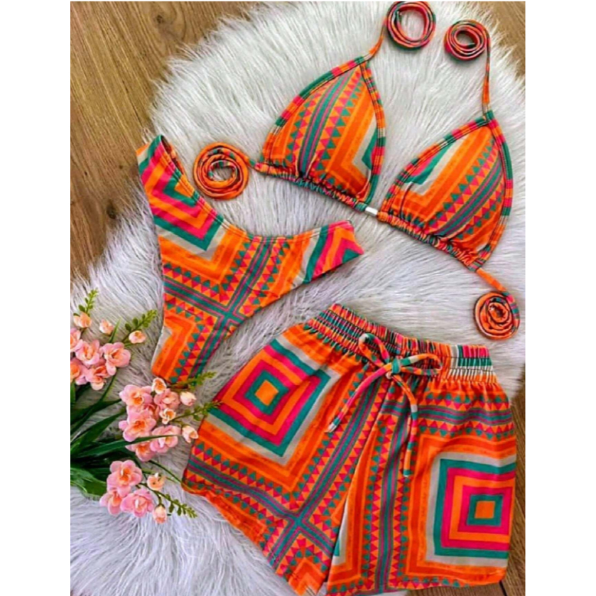 Conjunto triquini,biquini com 3 peças, short saida de praia