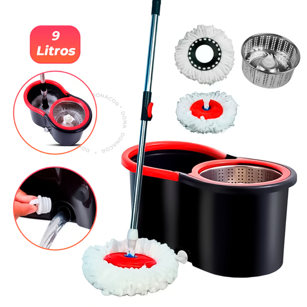 Mop Giratorio Cabo Inox limpeza Cesto Em Inox 9 Lt -Balde Esfregão 360 Universal Original