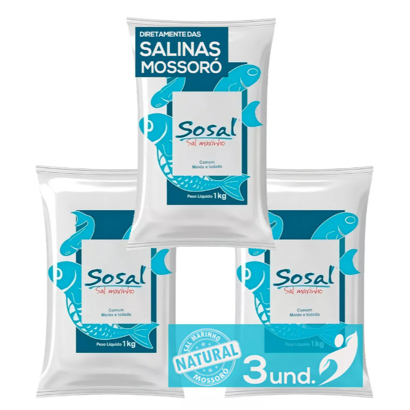 KIT 3x Sal Marinho Integral Mossoró Moído 1Kg - Sosal
