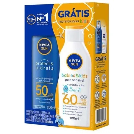 Kit Protetor Solar Nivea Sun Protect & Hidrata FPS50 200ml + GRÁTIS Kids Sensitive FPS60 100ml
