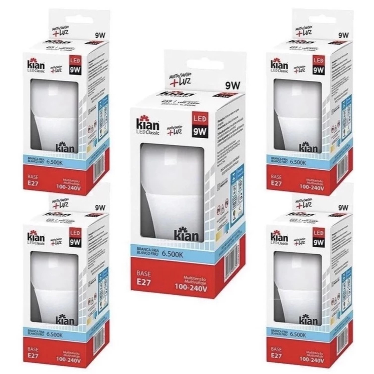 Kit de 5 Lampadas Kian LED 9w Melhor Preço Luz Amarela 3000k Economica Bivolt Melhor Preço