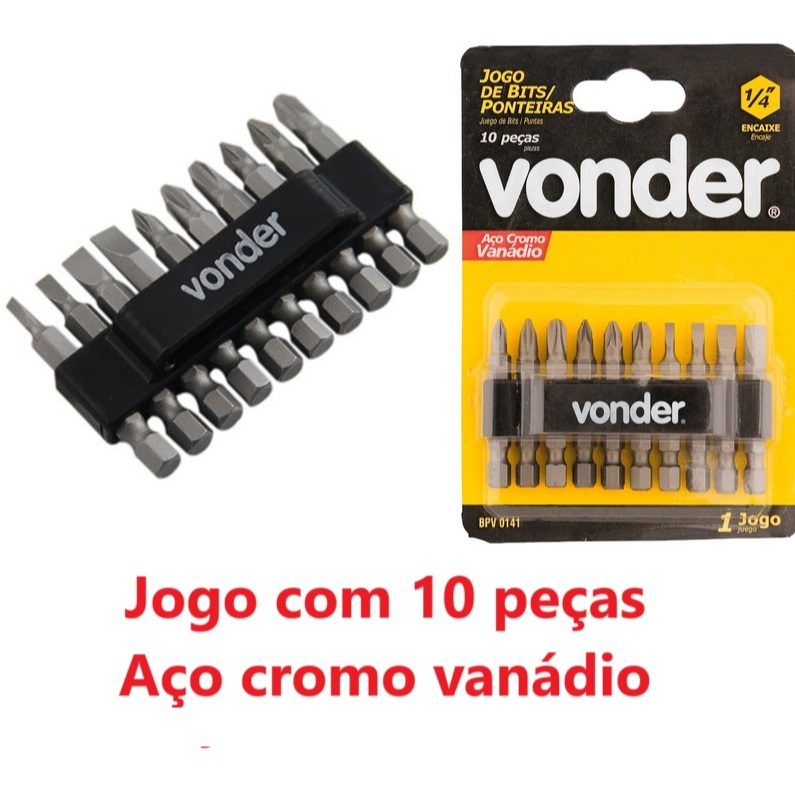Kit Jogo Bits / Ponteiras Parafusadeira 10pc Encaixe Sextavado 1/4 Vonder Philips Fenda Magnético em Oferta na Shopee