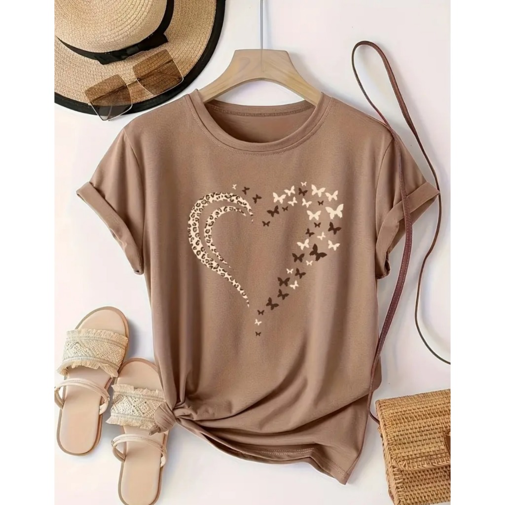 Blusa T-shirt Camiseta Feminina Estampa Coração Borboleta em Oferta na Shopee