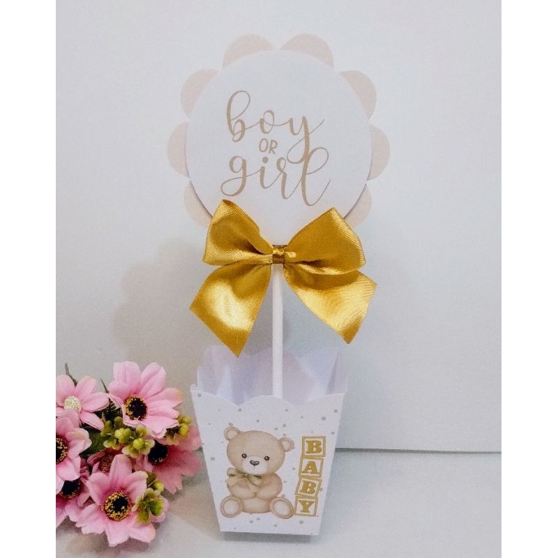 Centro de mesa Cachepô com Tag para Festa Aniversário Chá Revelação Ursinho Bege e Dourado com Tag e Laço