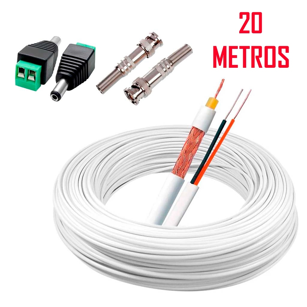 Kit Instalação Câmeras De Segurança Cabo CFTV 20 M E Conectores Borne/P4 Macho & BNC Mola E Parafuso