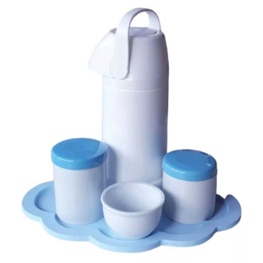 Kit higiene bebê porcelana menino tampa bandeja nuvem azul garrafa térmica pressão 1 litro potes porta algodão cotonete maternidade