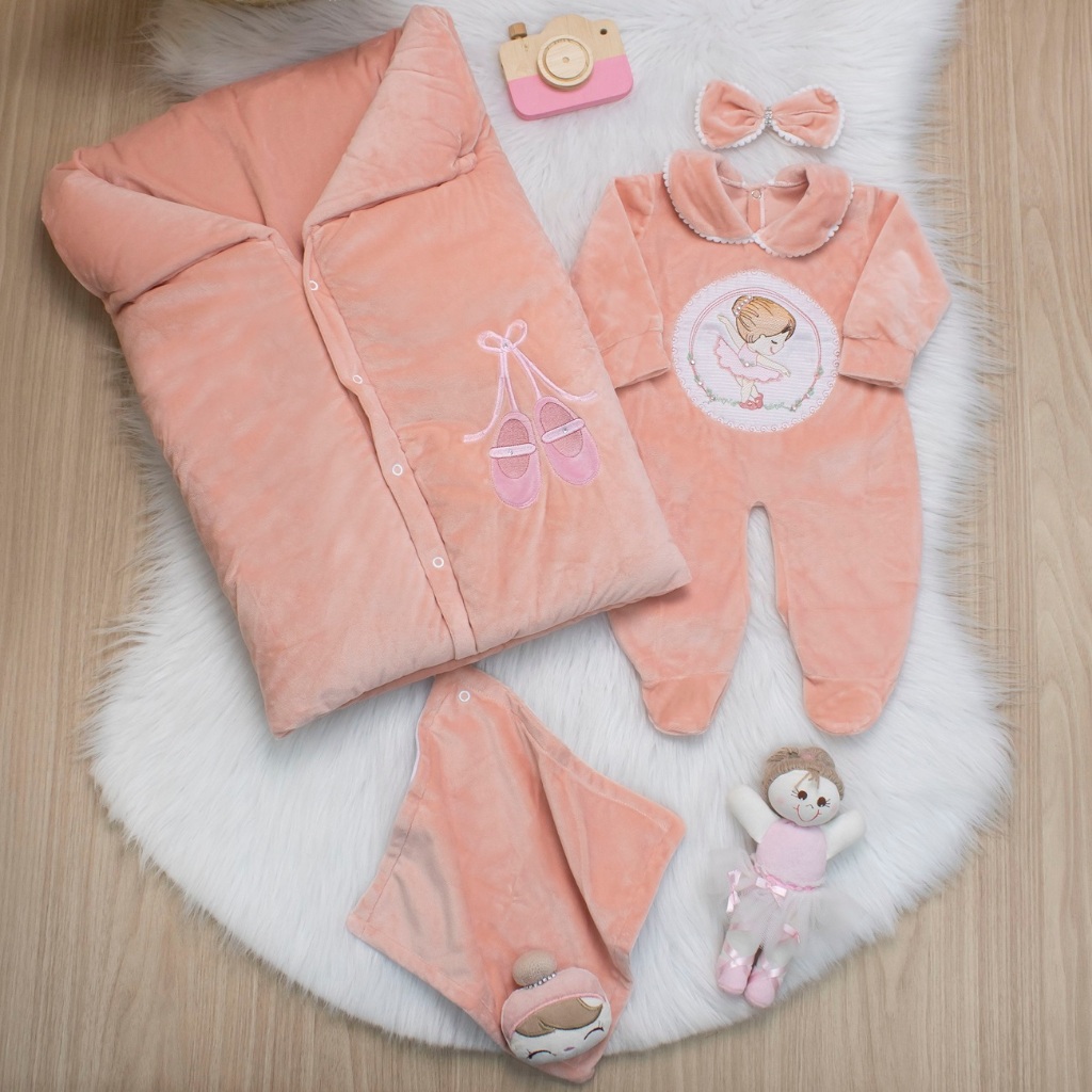 Kit Saída Maternidade Malha Bailarina 04 Peças Menina 100% Algodão Conjunto Maternidade Para Recém-Nascido Feminino