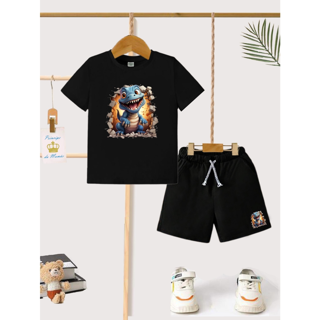 Kit Conjunto Infantil menino Short e Camiseta Estampas Dinossauro Azul Passeio