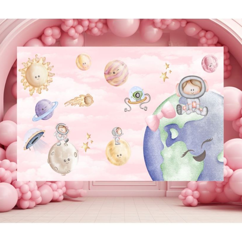 Painel de Festa Antirreflexo Decoração Infantil Menina/Planetário/Estrelas/Planetas/Foguete/Astronauta/Rosa/Sol/Lua