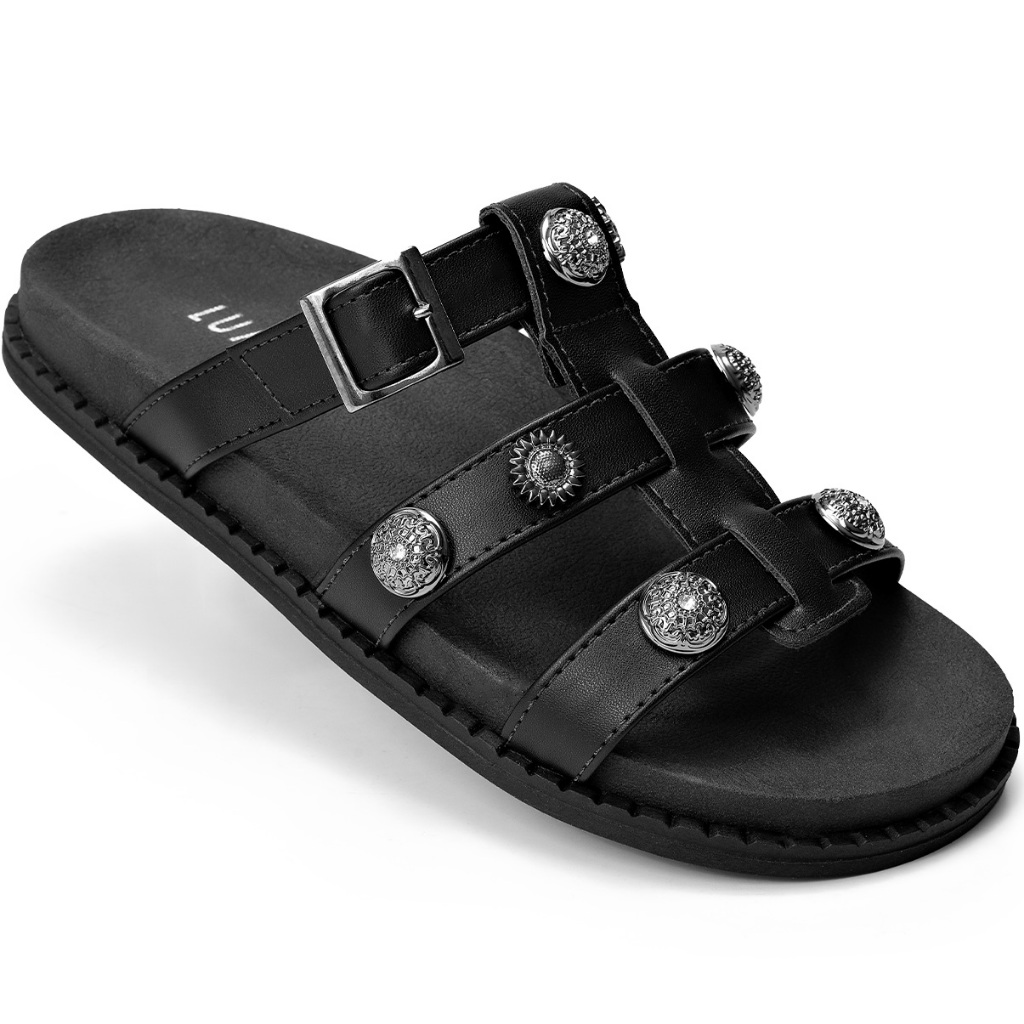 Sandália Feminina Lumiss Fivela Tachas Papete Chinelo Confortável Preto em Oferta na Shopee