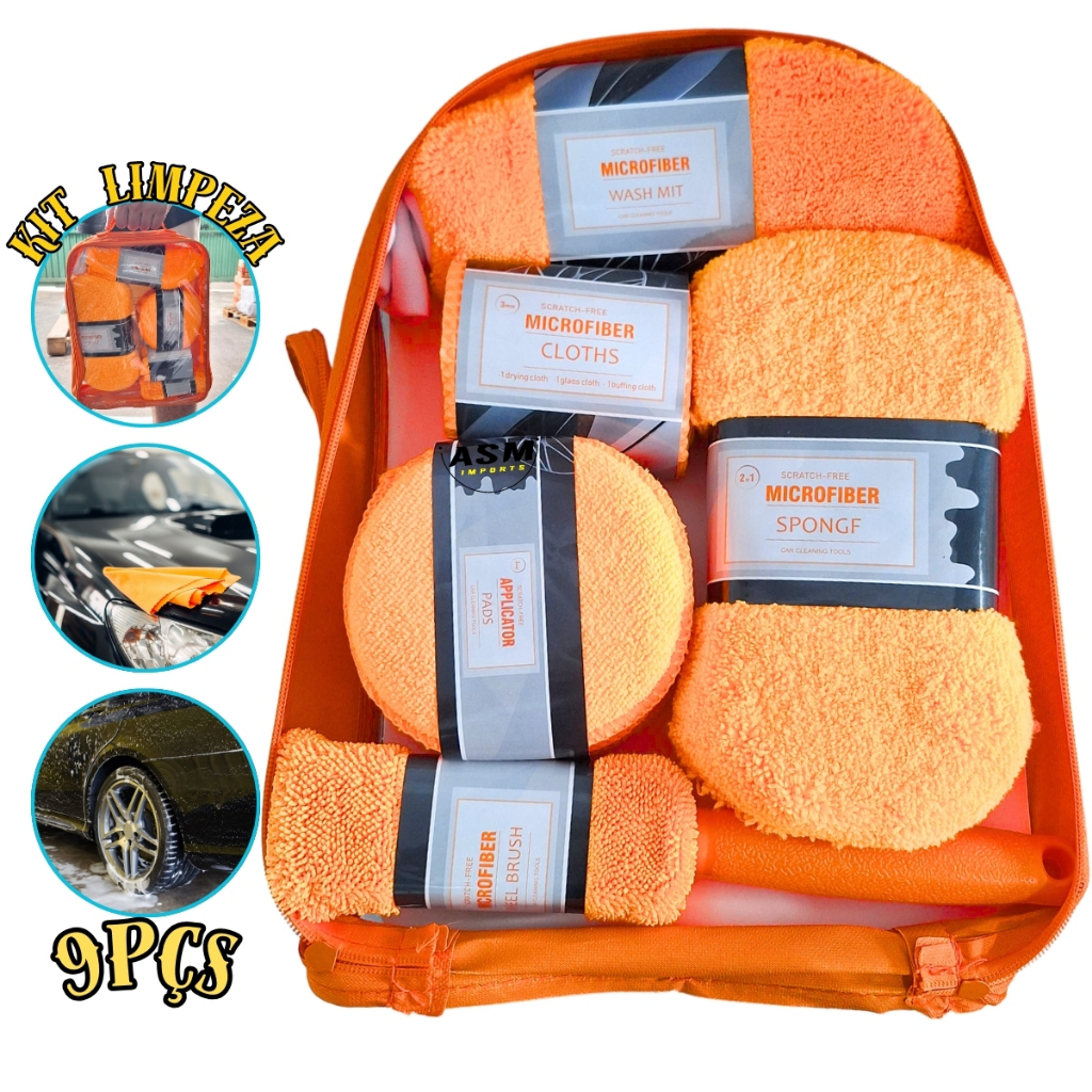 Limpeza Automotiva com 9 Peças Luva Toalha Microfibra Esponja Conjunto Completo Automotivo