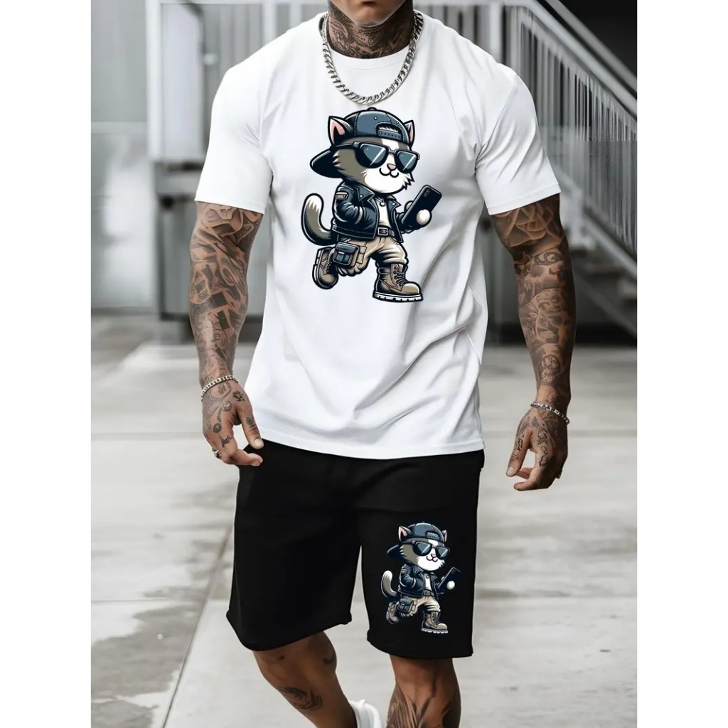Conjunto Camiseta Básica Gato Estiloso Masculina Algodão Camisa StreetWear + Bermuda Moletom Gato Estiloso