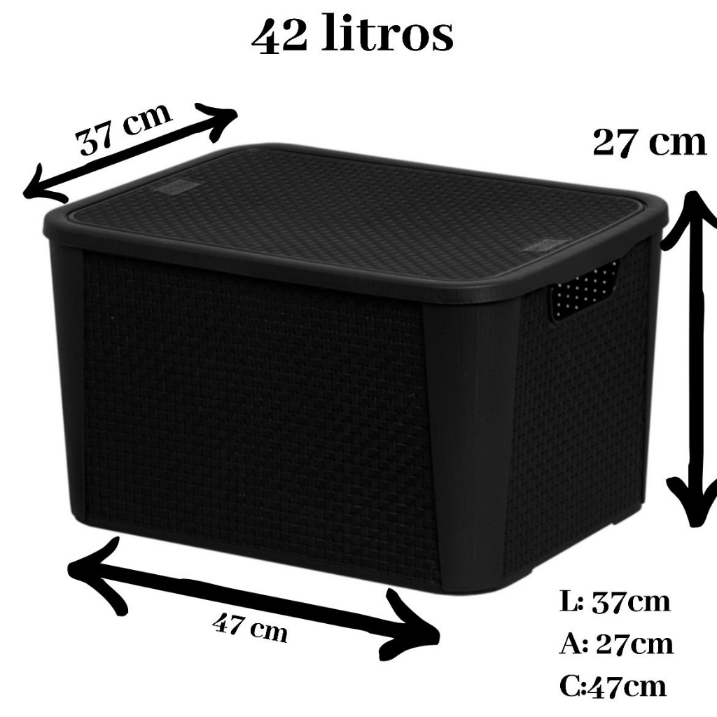Kit 03 Caixas Organizadora / Guarda Brinquedos Rattan Preta 42 Litros