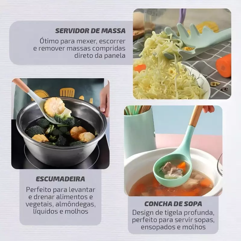 Kit de Utensílios para Cozinha em Silicone e Bambu com 12 Peças — foto 9