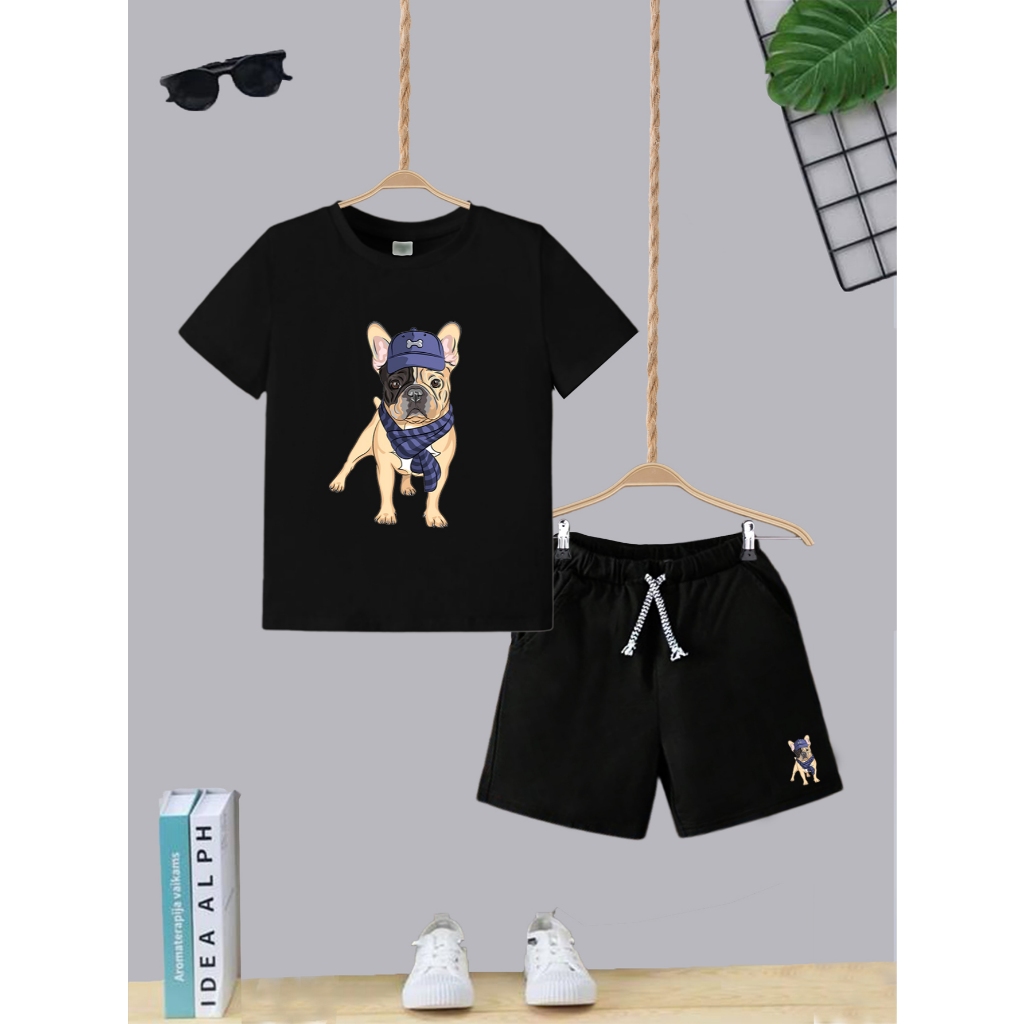 Kit Camiseta + Short com Bolso Conjunto Juvenil Infantil Algodão Confortável Bull Dog Estiloso Roupa