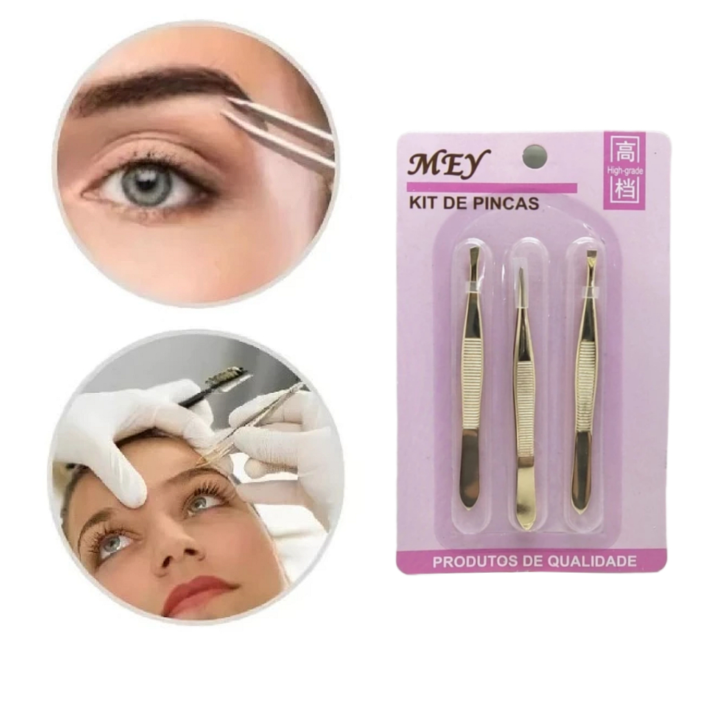 Kit 3 Pinças Dourada Para Sobrancelha Remoção de Pelos Profissional Aço Inox em Oferta na Shopee