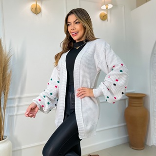 Cardigan Tricot Tricô Grosso Longo Com Detalhe Manga Colorida em Oferta na Shopee