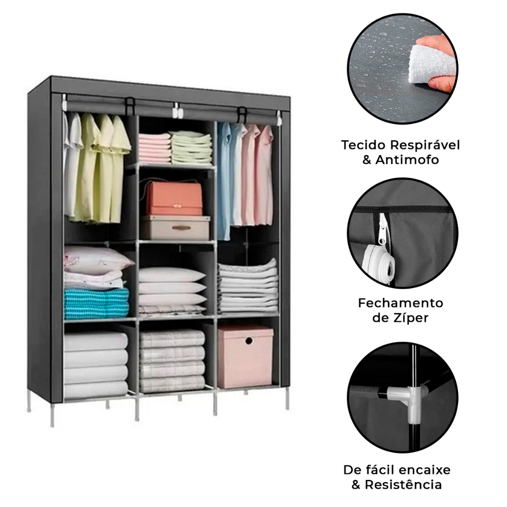 Guarda Roupa Casal Dobravel Organizador Roupas Armário Closet Multiuso Portátil Desmontável + Cabide