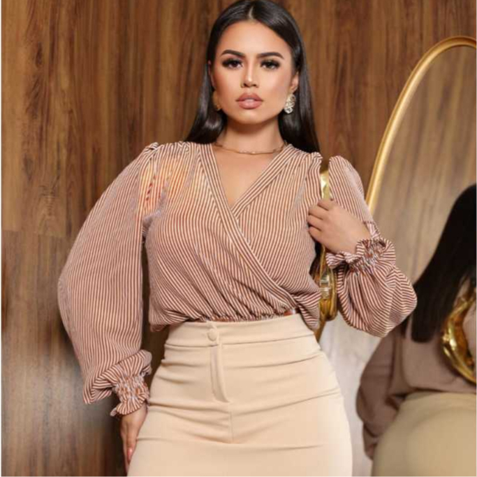 Blusa Feminina Listrada  Manga Longa Transpassada Cintura Elastex  Duna