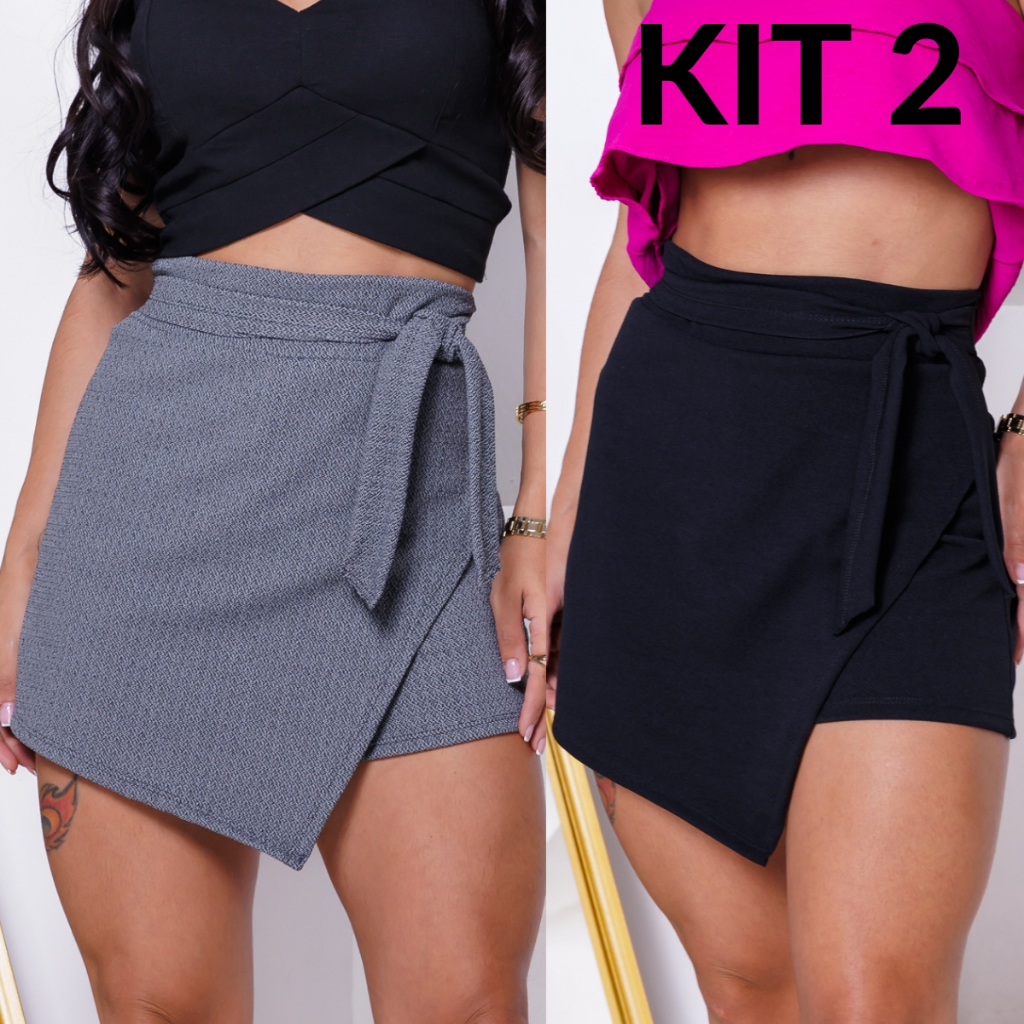 KIT 2 Short Saia Feminino com Laço Amarração Detalhe frontal Assimétrico Cintura Alta M ao Extra em Oferta na Shopee