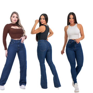 Kit 3 Calça Jeans Feminina com uma Wide Leg 100% Jeans Skinny e Flare  Com bolsos Lycra de  De Alta qualidade.