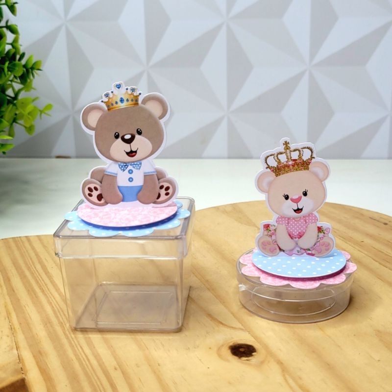 Kit Apliques em pé 3D para Latinhas e Caixa Acrílica Tag Lembrancinhas Personalizadas Chá Revelação Ursinhoa azul e Rosa