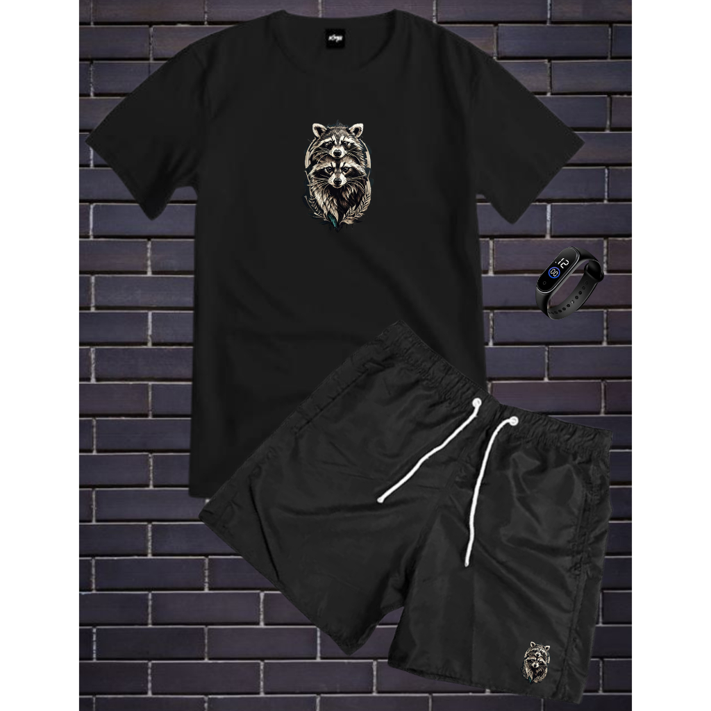 Conjunto Kit Masculino Guax Camisa 100% Algodão Fio 30.1 Mais Bermuda Tactel Estampada Mais Relógio Digital 