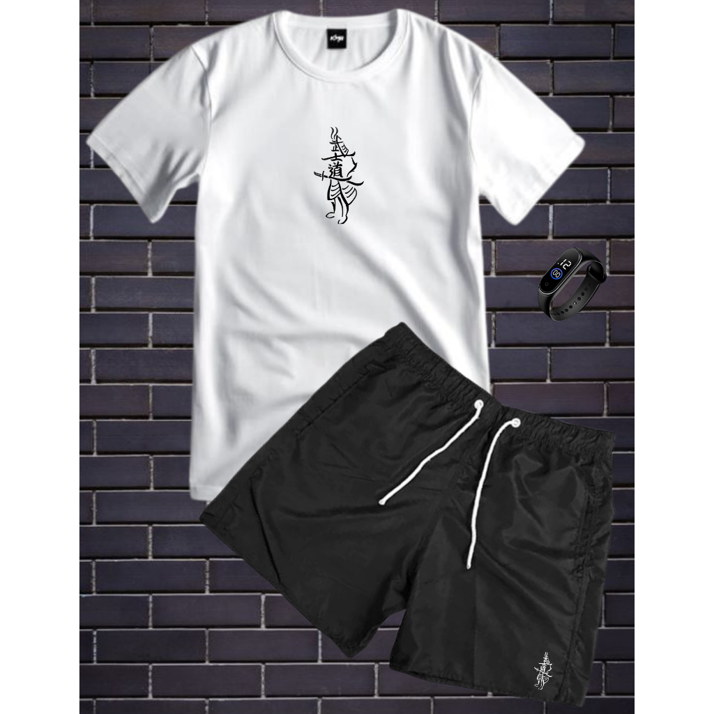 Conjunto Kit Masculino SAMURAI Camida 100% Algodão Fio 30.1 + Bermuda Tactel Estampada + RELOGIO DIGITAL A PROVA D'AGUA