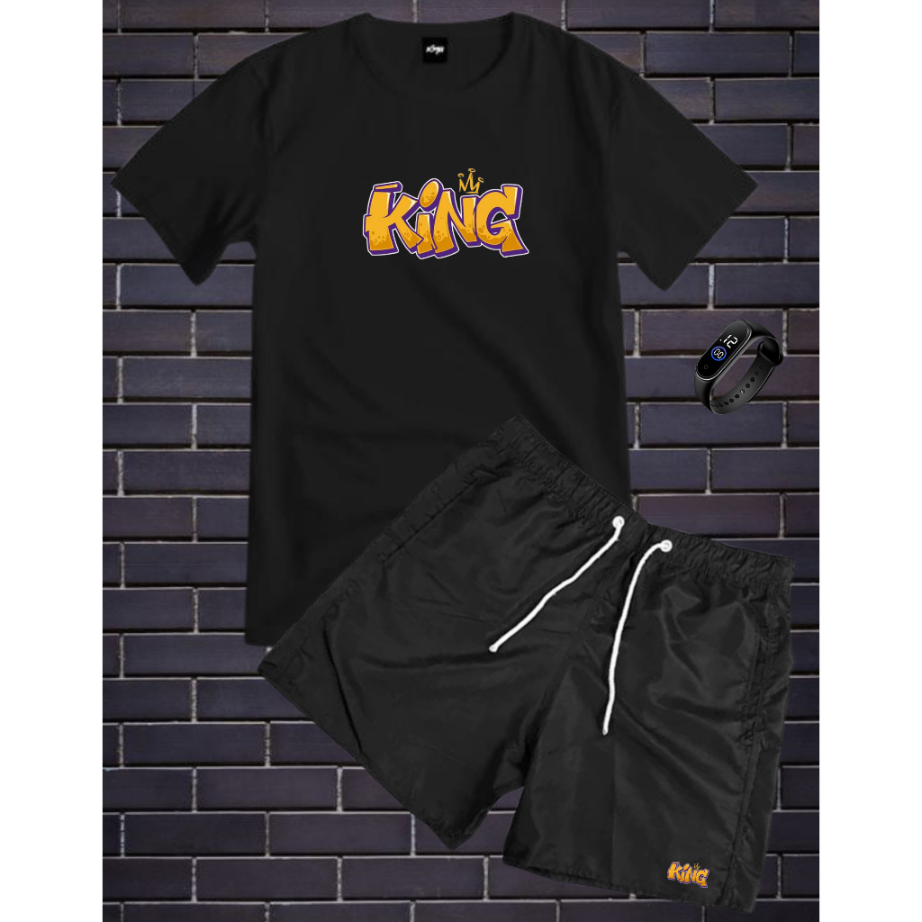 Conjunto Kit Masculino KNG Camisa Estampada + Bermuda Tactel Estampada + Relogio Digital