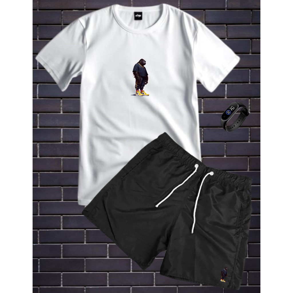 Conjunto Kit Masculino GORILA Camisa 100% Algodão Estampada + Bermuda Tactel Leve + RELOGIO DIGITAL A PROVA D'AGUA