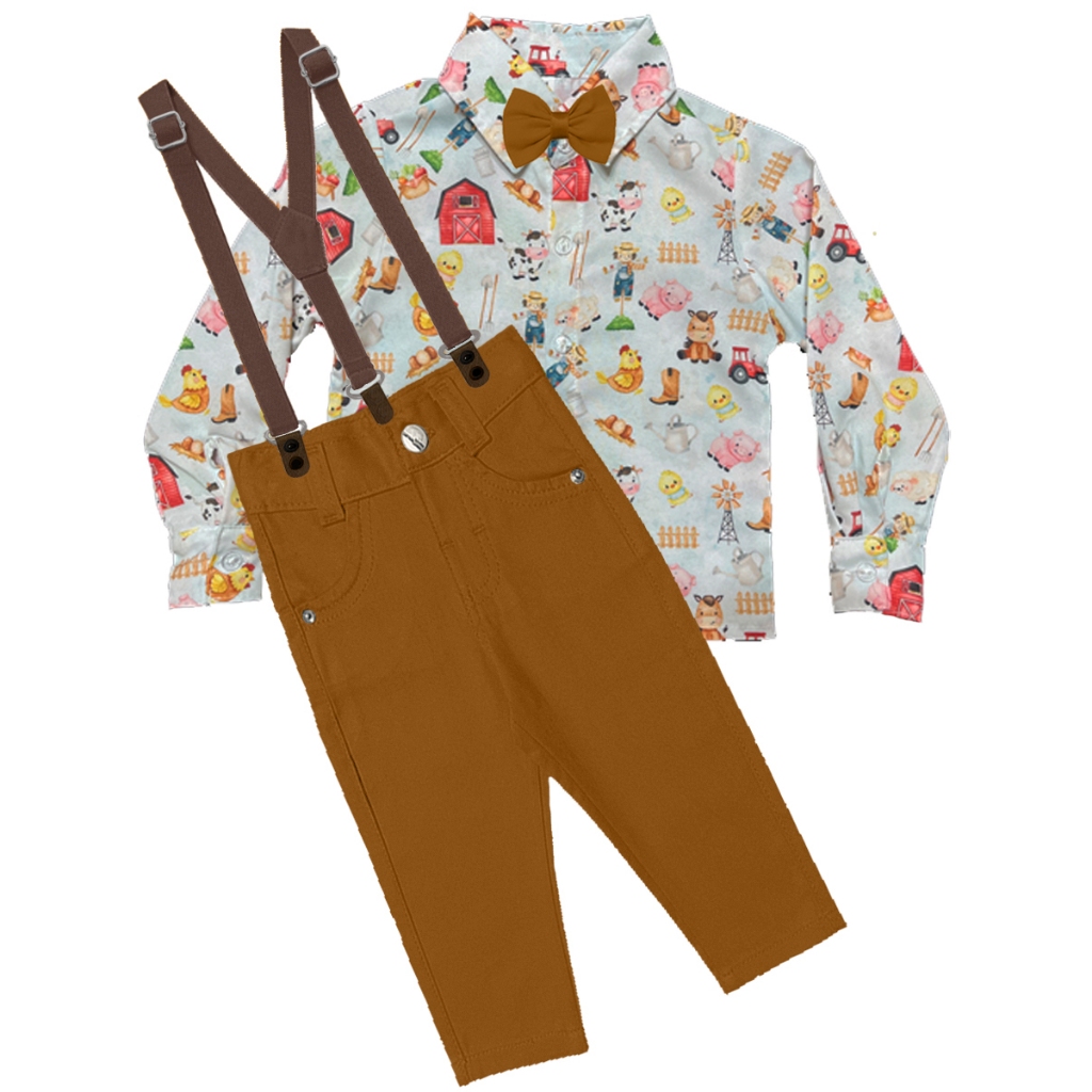 Roupa Fazendinha Menino Camisa Calça Suspensório Gravata Aniversário Infantil Temático