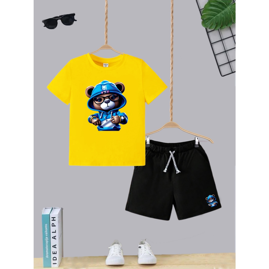 Kit Conjunto Infantil Short Com Bolso e Camiseta Algodão Urso Moletom Moda Teen Kids Juvenil