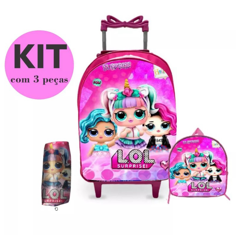 Mochila Escolar rodinha menina Juvenil + Estojo +lancheira - lol Kit