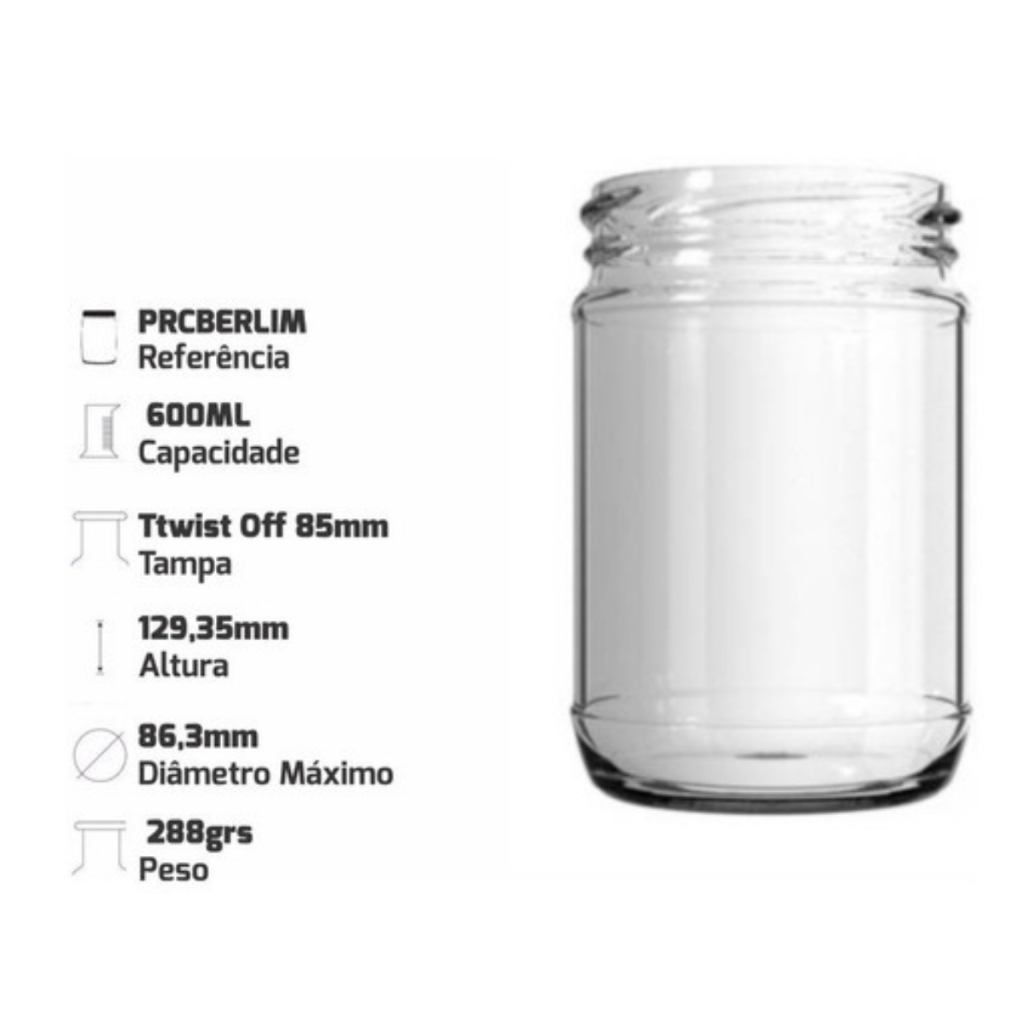 Kit 45 Pote De Vidro Conserva 600ml Berlim Boca Larga SEM TAMPA