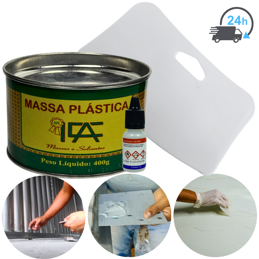 Kit Massa Plástica 400g Cola Plástica + Espatula De Plastico Espalhadora Aplicadora De Massa em Oferta na Shopee